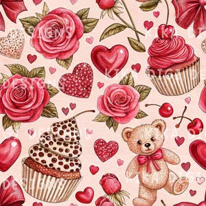 Teddy Bear Girly Seamless Pattern Baking Cupcakes Hearts Fabric Pattern Sublimation Design Digital Download Wallpaper Valentine's Day PNG