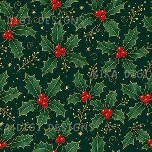 Nahtloses Weihnachtsmuster mit Stechpalmenbeeren – Digitales Papierdesign für Sublimationsdruck, geeignet für Scrapbooking, PNG-Download