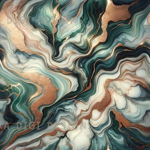 May include: Seamless pattern with a flowing design in shades of teal, gold, and white. The abstract artwork features swirling lines and textures, with the text "SEAMLESS PATTERN" and "COMMERCIAL USE INCLUDED".
