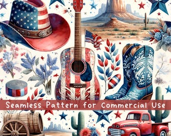 Western 4th of July Seamless Pattern Country Girl Pattern File for Commercial Use Digital Paper Patriotic Cowgirl Seamless Repeating PNG