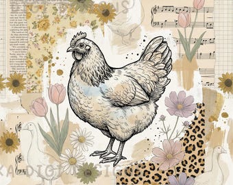 Hen Collage Paper Seamless Pattern Repeat Fabric Pattern Digital Paper Sublimation Design for Scrapbooking Digital Download PNG Chicken