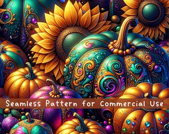 May include: A seamless pattern featuring vibrant pumpkins and sunflowers in shades of teal, purple, orange, and yellow. The pumpkins are decorated with intricate swirling filigree and colorful beads. The text Seamless Pattern for Commercial Use is visible.