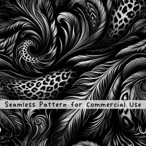 Puede incluir: Un patrón sin costuras en blanco y negro con intrincados filigranas en espiral y manchas de leopardo. El diseño incluye el texto Seamless Pattern for Commercial Use superpuesto en una banda horizontal en el centro del gráfico.