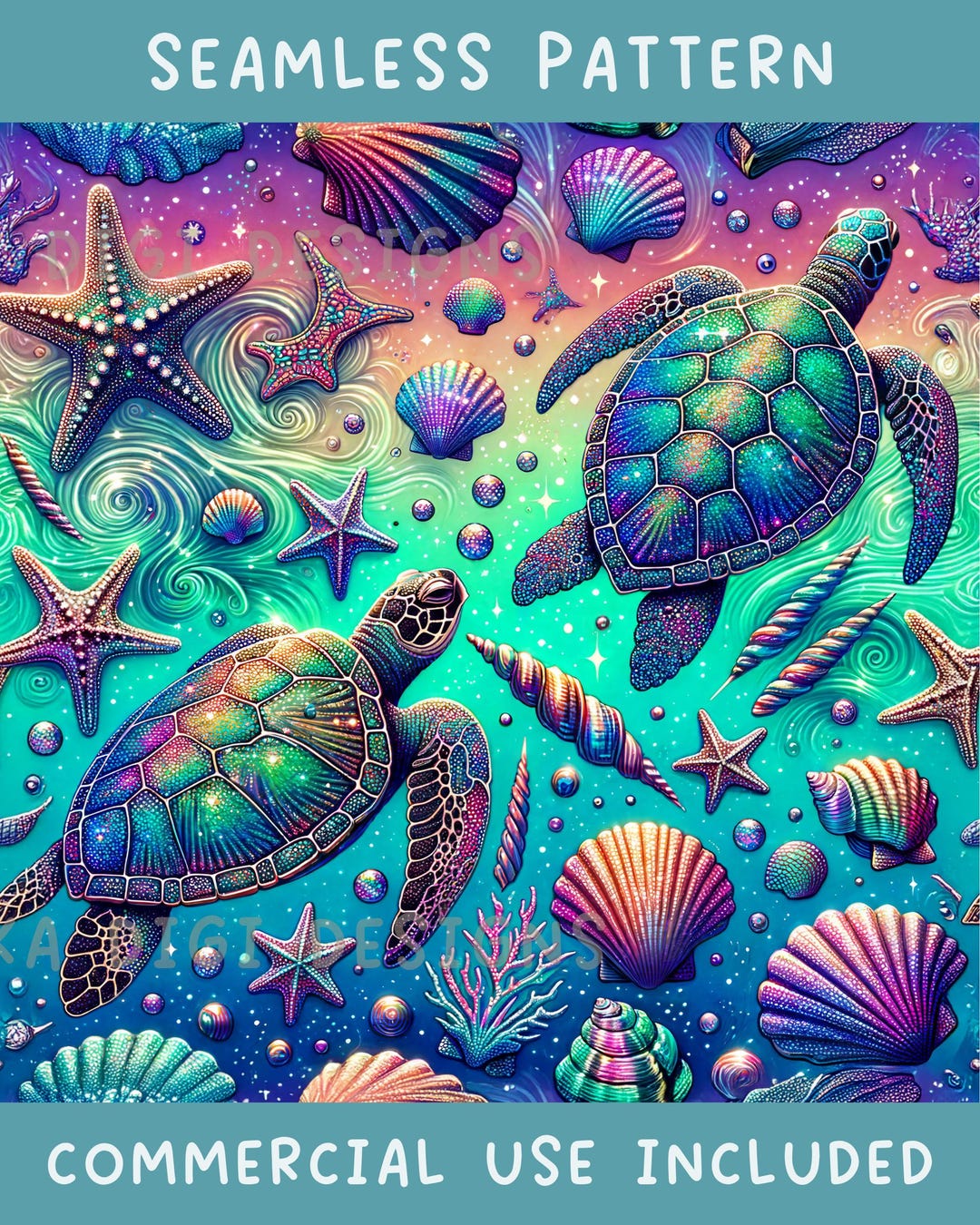 Sea Shells Turtle Seamless Pattern Repeat Fabric Pattern Digital Paper ...