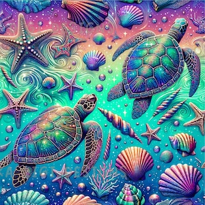 Muscheln Schildkröte Nahtlose Muster Wiederholung Stoffmuster Digitales Papier Sublimation Design für Scrapbooking Digitaler Download PNG Lebendige