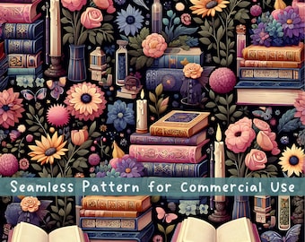 Bookish Seamless Pattern Academia Seamless Pattern Fabric Pattern Floral Book Lover Pattern Commercial License Cottagecore PNG Books