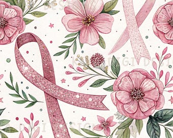 Breast Cancer Seamless pattern Pink Ribbon Floral Seamless Pattern Fabric Pattern PNG Cancer Awareness Repeat Pattern Commercial License