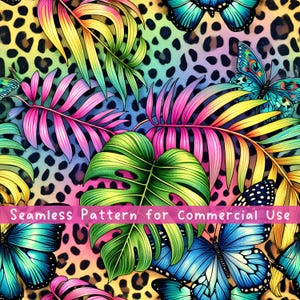 Leopard Monstera Nahtloses Muster Blume Nahtloses Muster Stoff PNG-Wiederholungsmuster Kommerzielle Lizenz Neon Lebendige Schmetterlings-Designdatei