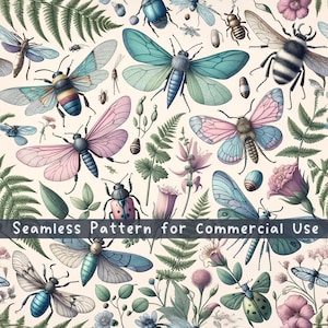 Botanical Seamless pattern Butterflies Beetles Bugs Seamless Pattern Fabric Pattern PNG Vintage Insects Repeat Pattern Commercial License