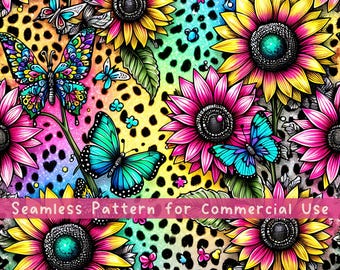 Leopard Sunflowers Seamless pattern Flower Seamless Pattern Fabric PNG Repeat Pattern Commercial License Neon Vibrant Leopard Design File
