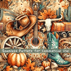 Modello autunnale di zucca western senza soluzione di continuità, design rustico vintage in sublimazione, file ripetuto con motivo cowboy per uso commerciale digitale