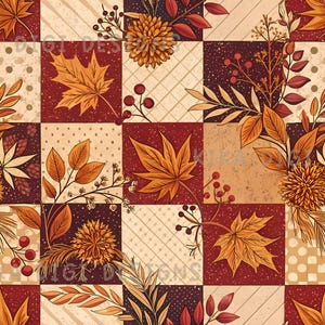 May include: A seamless pattern design with a patchwork of squares. It features autumn leaves, berries, and floral elements in orange, red, and brown. The text "SEAMLESS PATTERN" and "COMMERCIAL USE INCLUDED" are displayed.