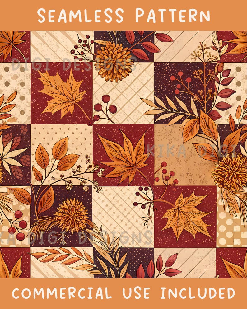 The image is a collage of various autumn-themed elements, including leaves, flowers, and other seasonal decorations. The collage is presented as a commercial use, and the text indicates that it is a seamless pattern.
