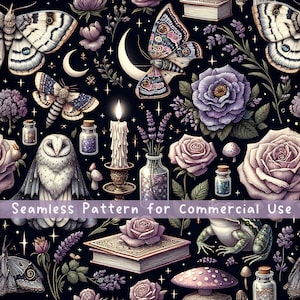 Patrón sin costuras de Dark Academia, patrón sin costuras de hongos, patrón de tela, patrón de jardín nocturno, licencia comercial, búho gótico, amante de los libros PNG