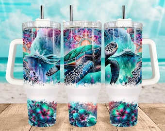Sea turtle ocean 40oz wrap, Sublimation design template, 40oz png Digital download Beach Ocean png download, 40oz tumbler with handle design