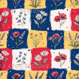 Nahtloses Patchwork-Farbmuster mit Wildblumenmuster, sich wiederholendes Stoffmuster, digitales Papier-Sublimationsdesign für Scrapbooking, digitaler Download (PNG)