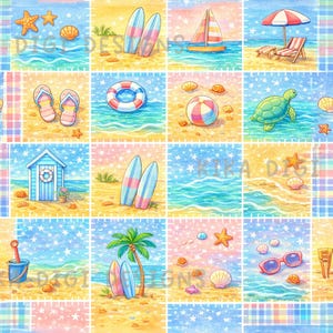 Vibrant Beach Seamless Pattern Repeat Fabric Pattern Digital Paper Sublimation Design for Scrapbooking Digital Download PNG Patchwork