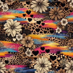 May include: A seamless pattern featuring beige flowers, black hearts, and a leopard print background overlaid with horizontal brushstrokes in vibrant shades of orange, pink, and blue. The text SEAMLESS PATTERN and COMMERCIAL USE INCLUDED appears.