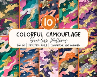 Colorful Camouflage Seamless Pattern Bundle,  Digital Paper PNG,  Sublimation Design, Repeat Pattern Digital Download