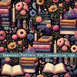 Könnte beinhalten: Ein nahtloses Muster mit Stapeln alter Bücher, brennenden Kerzen in Haltern, Glasflaschen und verschiedenen Blumen wie Sonnenblumen und Rosen auf schwarzem Grund. Der Text Seamless Pattern for Commercial Use ist zu sehen.