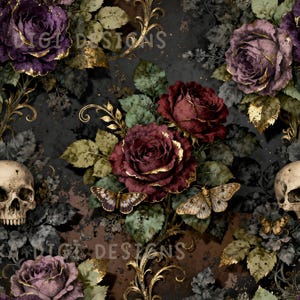 Gothic Roses Skull Seamless Pattern Repeat Fabric Pattern Digital Paper Sublimation Design for Scrapbooking Digital Download PNG Dark