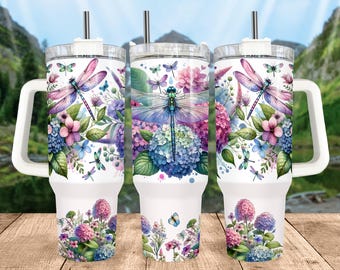 Floral Dragonfly 40Oz Tumbler Wrap, Dragonflies Sublimation Tumbler Design, Hydrangea 40Oz Png Digital Download, Flowers Nature 40Oz Tumbler