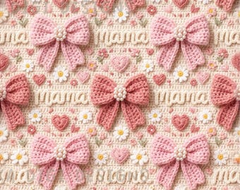 Crochet Mama Seamless Pattern Repeat Fabric Pattern Digital Paper Sublimation Design for Scrapbooking Digital Download PNG Pink Ribbon Bow