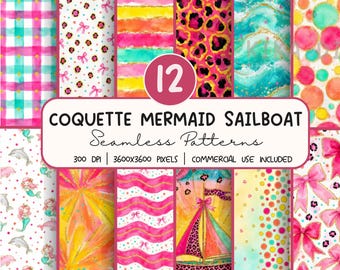 Coquette Mermaid Sailboat  Seamless Pattern Bundle, Pink Girly Digital Paper PNG,  Sublimation Design, Repeat Pattern Digital Download