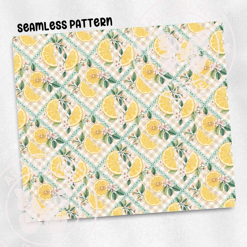 a seamless pattern of yellow lemon slices arranged in a checkered design, with green leaves and flowers interspersed throughout the pattern.