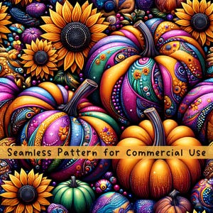 Diseño de sublimación PNG con estampado sin costuras de calabazas y girasoles brillantes para otoño. Descarga gratuita de archivo digital con patrón repetitivo para uso comercial.