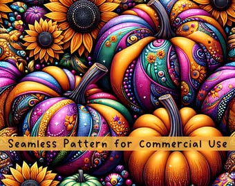 May include: A seamless pattern featuring vibrant sunflowers and intricately decorated pumpkins in shades of purple, orange, teal, and yellow. The design includes text that reads Seamless Pattern for Commercial Use across the center of the image.
