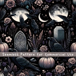 Moon Raven Cemetery Seamless Pattern Halloween Sublimation Design Dark Cottagecore Aesthetics Witchy Halloween Moon Repeating Digital File