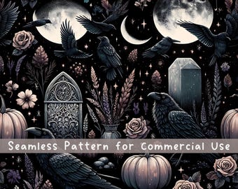 Motivo senza soluzione di continuità del cimitero del corvo lunare, design per sublimazione di Halloween, estetica dark cottagecore, luna di Halloween da strega, file digitale ripetuto