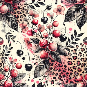 May include: Seamless pattern design featuring red cherries, black cherries, pink flowers, and leopard print accents. The design includes the text "SEAMLESS PATTERN" and "COMMERCIAL USE INCLUDED".