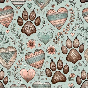 May include: A seamless pattern on a light blue background featuring brown paw prints with white decorative line work, pink and blue hearts with geometric patterns, and small pink flowers with thin green leafy vines throughout.
