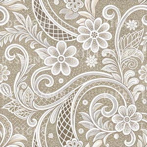 May include: A seamless pattern featuring white lace-style floral and paisley motifs on a tan background. The design includes intricate swirling vines, leaves, and blossoms with a fine mesh texture. Text at the top reads SEAMLESS PATTERN and at the bottom reads COMMERCIAL USE INCLUDED.