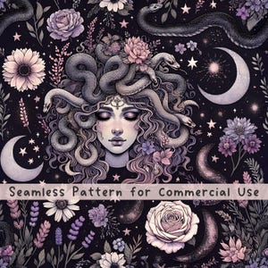 May include: A seamless pattern featuring a central figure with snakes for hair, surrounded by purple and pink flowers, crescent moons, and stars on a dark background. The text Seamless Pattern for Commercial Use is printed across the centre.
