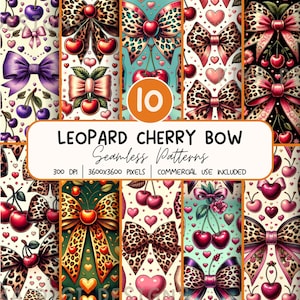 May include: A collection of ten seamless digital patterns featuring repeating motifs of leopard print bows, red cherries, and hearts in various colour palettes including cream, teal, black, and green with the text LEOPARD CHERRY BOW.