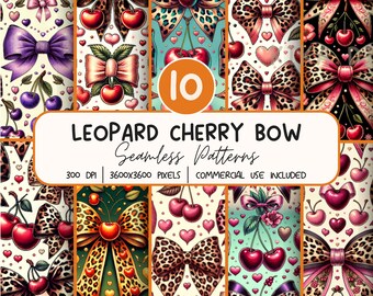 Leopard Cherry Bow Seamless Pattern Bundle,  Coquette Ribbon Digital Paper PNG,  Sublimation Design, Repeat Pattern Digital Download
