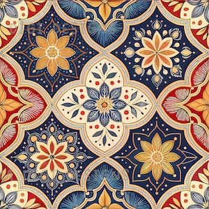 Blue Orange Floral Tile Seamless Pattern Repeat Fabric Pattern Digital Paper Sublimation Design for Scrapbooking Digital Download PNG