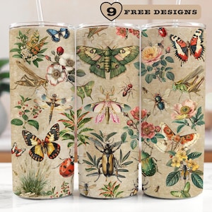 Vintage Botanical Tumbler Wrap, Butterfly 20oz Sublimation Tumbler PNG Design, Beetles Tumbler Design Digital File Download Vintage Bugs png