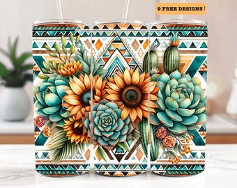 ひまわりタンブラーラップ、20オンスタンブラー昇華デザイン、ウェスタンアステカタンブラーラップ、ボヘミアンデザートサボテンタンブラーラップ、デジタルダウンロードpng