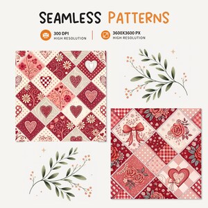 a collection of seamless patterns, including a patchwork quilt, floral designs, and decorative elements such as leaves and hearts. The patterns are described as high-resolution, 360x3600, and 360x3600, indicating their quality and size.
