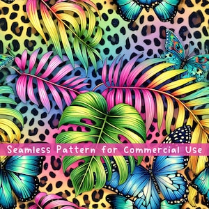 Leopard Monstera Seamless pattern Flower Seamless Pattern Fabric PNG Repeat Pattern Commercial License Neon Vibrant Butterfly Design File