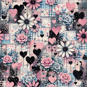 May include: A seamless pattern featuring a collage of pink and blue roses, white daisies, and black and pink hearts. The design includes various textures such as polka dots, gingham checks, and splattered paint effects on a light background.