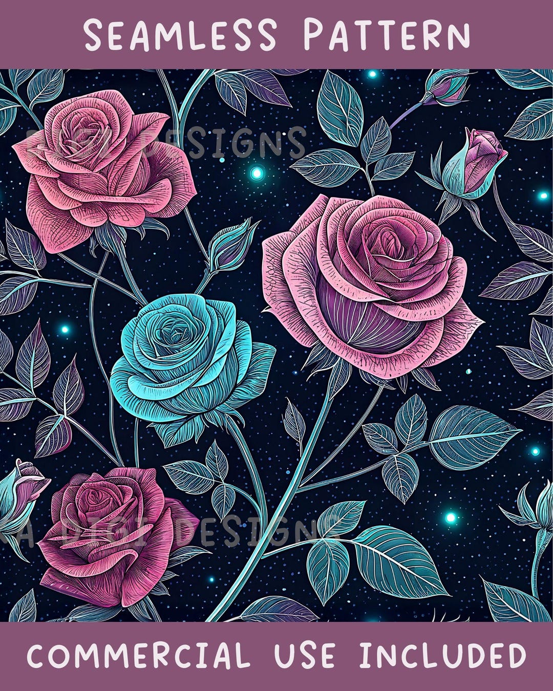 Dark Blue and Purple Roses Seamless Pattern Repeat Fabric Pattern ...