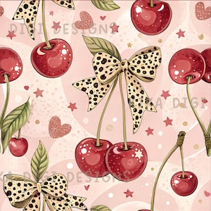 May include: Seamless pattern featuring cherries, leaves, bows, hearts, and stars on a pink background. The bows have a leopard print design. The text "SEAMLESS PATTERN" and "COMMERCIAL USE INCLUDED" are visible.