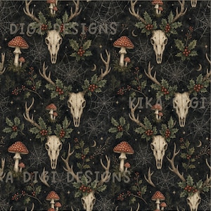 May include: A seamless pattern featuring deer skulls with antlers adorned with holly leaves and red berries, interspersed with red and white spotted mushrooms, spider webs, and small stars on a dark, textured background with the text SEAMLESS PATTERN.