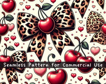 ヒョウ柄のリボンのシームレスパターン、チェリー柄のリボンの繰り返しパターン、商用利用可、ヒョウ柄デザイン、コケット、キュートなハート、昇華デジタルPNG
