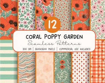 Coral Poppy Garden Seamless Pattern Bundle,  Floral Digital Paper PNG,  Sublimation Design, Repeat Pattern Digital Download